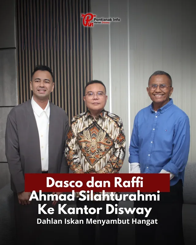 Wakil Ketua DPR RI, Sufmi Dasco Ahmad, bersama Utusan Khusus Presiden Bidang Pembinaan Generasi Muda dan Pekerja Seni, Raffi Ahmad, berkunjung ke kantor Disway National Network (DNN) Jakarta, pada Kamis, 26 Juni 2025.Kedatangan mereka berdua langsung disambut oleh Founder Disway.id, Dahlan Iskan, di halaman depan kantor, Jalan Palmerah Barat No 353, Jakarta Selatan.Berdasarkan pengamatan, Dasco dan Raffi Ahmad tiba di kantor Disway sekira pukul 13.30 WIB, menggunakan kendaraan bernomor polisi RI 6. Keduanya datang dikawal oleh beberapa mobil rangkaian dan polisi patwal.Wakil Ketua DPR RI itu terlihat mengenakan batik dan celana hitam formal serta sepatu pantofel kulit berwarna hitam. Kece.Sementara Raffi Ahmad berpenampilan casual dengan memakai blazer abu-abu yang dipadukan oleh kemeja putih lengan panjang dan celana chinos serta sepatu loafers hitam elegan.Sedangkan Dahlan Iskan tampil dengan outfit ala kawula muda kekinian. Dia memakai kemeja berwarna biru, celana formal, sneakers hitam dan tak lupa dengan kacamata lensa photochromicnya itu. Rapih.Berita selengkapnya di disway.id. #SufmiDascoAhmad #RaffiAhmad #DahlanIskan #DiswayID by @pontianakinfo.disway.id