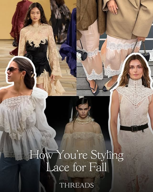 Lace is moving from whimsical summer staple to fashion-forward fall layer. How are you styling yours?📸: @manondevelder @lunaisabellaa @tia_dewitt @_heroli @sybil.tingc @madina_mariposa🔎 Influencer style, outfit inspiration, lace trend, autumn winter style, AW25, street style, layering trend, personals styling by @threadsstyling