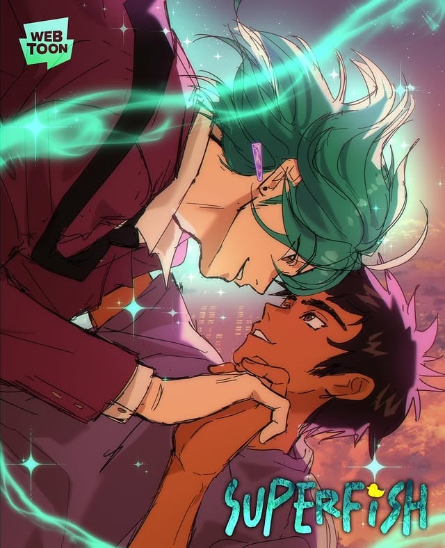 OH MY GODDD ITS HERE GREMLINS! SUPERFISH HAS FINALLY LAUNCHEDDD! 🎉🎉🐠 I’m freaking out and I’m shakinggg ahhhh thank you so much for all the support so far and I really hope you enjoy the series! Can’t wait to go on this adventure with youuuu#myart #webtoon #superfish #webtoonoriginal #comic #bl #art #illustration by @pegl0