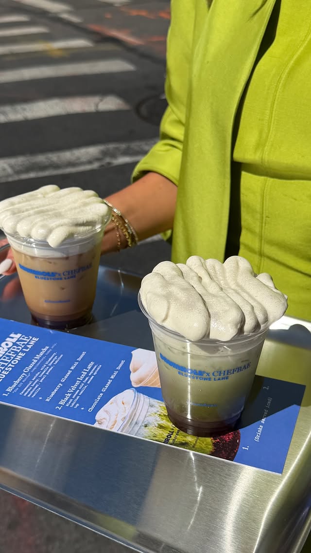 The most viral lattes in New York City right now for a reason. @bluestonelane 🫐 The Glazed Blueberry Matcha (DF)☕️ The Black Velvet Latte (DF) by @chefbae