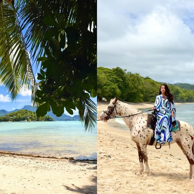 The colors of Seychelles 🇸🇨💙🦋🤍🥥💕🌺🌴🐎 Wearing @hadiaghaleb.com 🌈 by @nadiasultanx