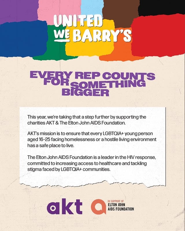 This month, we’re sweating for something bigger. ❤️United We Barry’s 2026 is proud to support @aktcharity and the @ejaf . Two organisations doing vital work to protect and uplift LGBTQIA+ lives across the UK.Because Pride isn’t just a celebration. It’s a commitment. And we’re committed.More details on how your participation supports these incredible causes coming soon. by @barrysuk