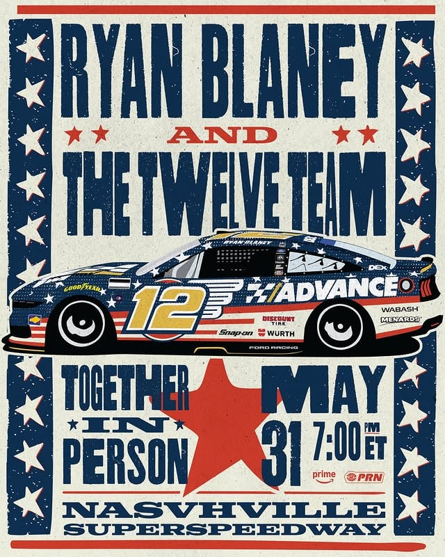 Excited to be back in The Music City with The Twelve Team. We take the stage this Sunday at 7PM ET on @sportsonprime looking for an encore performance. @fordracing @team_penske @advanceautoparts by @ryanblaney10