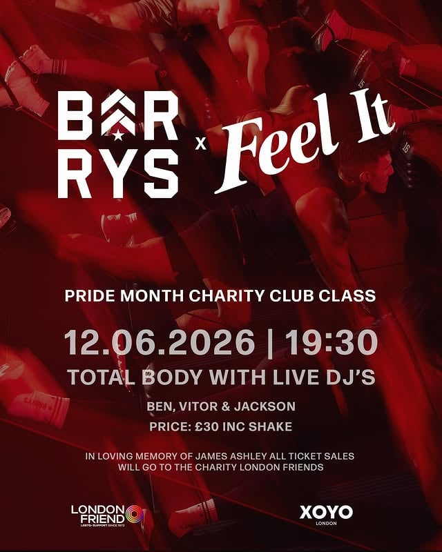 Join us next Friday for a special Pride charity class at XOYO, featuring surprise DJs and all the energy you'd expect from the Red Room. All double floor 💥 In honour of our friend and colleague James Ashley, we'll be raising money for London Friend, the UK's oldest LGBTQ+ charity. After class, we'll head back to our newly refurbished East studio for a toast!✨ Plus, all participants receive queue jump access to XOYO that evening.Link in bio to book. Please note this is a special charity class and requires a dedicated charity credit.Come move, celebrate, remember, and support an incredible cause. 🏳️‍🌈 ￼ by @barrysuk