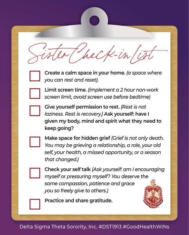 Sis, have you checked in today? Your mental health matters, and so does your sister’s. This Mental Health Awareness Month, we are reminded of the importance of intentional connection and care. The Sister Check-In List calls us to pause, reach out, and support one another with understanding and compassion. Take some time to renew your spirit and mind to move forward toward a life of clarity and wellness.Happy Mental Health Awareness Month!#DST1913 #MentalHealthAwarenessMonth by @dstinc1913