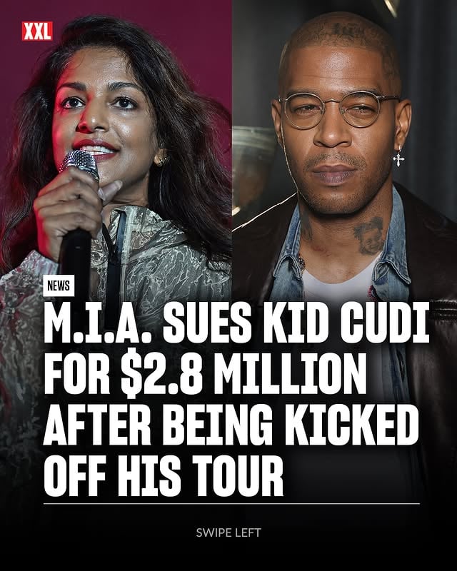 M.I.A. is suing Kid Cudi for $2.8 million after being kicked off his Rebel Ragers Tour 2026.On May 29, the M.I.A.'s attorney filed the suit in Los Angeles federal court. She is suing the Ohio rhymer for breach of contract and intentional interference with contractual relations. She is asking for punitive damages, compensatory damages and attorney fees and seeking a jury trial.The suit comes less than a month after Cudi announced on May 4 that he was booting M.I.A. off his tour after she was booed during the Dallas show for discussing her political views and making remarks about immigration.XXL has reached out to Kid Cudi's team for comment.