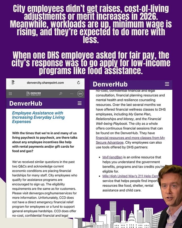 💸 Denver’s budget crisis is exposing the Mayor’s priorities.City employees didn’t get raises, cost-of-living adjustments or merit increases in 2026. Meanwhile, workloads are up, minimum wage is rising, and they’re expected to do more with less.When one DHS employee asked for fair pay, the city’s response was to go apply for low-income programs like food assistance.But don’t worry, city employees!With an average salary you can still qualify for: ❄️ Weatherization Assistance Program ($29/month savings)🗑️ Denver Recycling and Trash Service Rebate ($21/month savings)Let that sink in.The same employees dedicated to helping families access critical services are now being told they may need to access those services, while the city has no direct financial relief for its own workforce.Meanwhile, @denvermayor pours millions into free hotel rooms, apartments, 3 meals a day, “wraparound” services, and eviction defense for drug-addicted vagrants, all at ZERO cost to them.This is a complete failure of priorities.If you show up, work hard, and play by the rules, Denver has nothing for you.If you live on the streets and use drugs? The city will house and feed you.Mayor Johnston says he wants to help working families and reduce homelessness. Right now, he’s failing at both.#DoBetterDenver #DenverBudgetCrisis