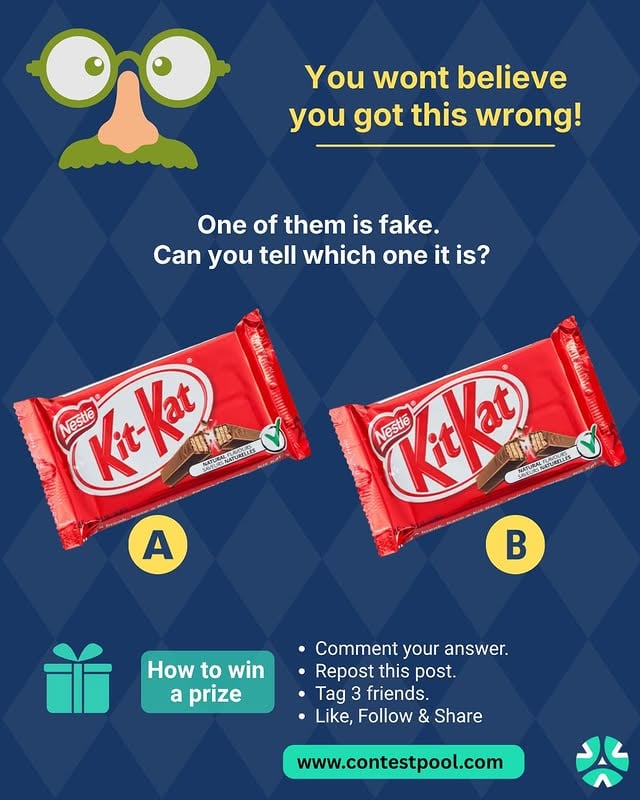 S2T2-3 Trivia Quiz 

🚨 THE ULTIMATE BRAIN TRAP! 🍫👀

Welcome to part 3 of our reality check series. Today, we are testing the Mandela Effect—where millions of people collectively remember something completely wrong.
Look closely at the image. One of these wrappers is the absolute reality, and the other is a total fake.

Is it "Kit-Kat" with a hyphen, or "KitKat" without a hyphen? 🤔

🤯 WARNING: Do not trust your first instinct. Your childhood memories are actively lying to you right now.

🎁 PRIZE ALERT! 🎁
Think your memory is flawless? Prove it. 
We are giving away an exclusive Amazon voucher  to lucky winners who successfully spot the real logo!

👇 HOW TO WIN:
1. Comment your choice: Hyphen OR No Hyphen!
2. Repost this post with your comments :) and tag us @contestpool 
3. Tag 3 friends to see if they get tricked by this mind-bending illusion too.
4. Like & Follow our page @contestpool  to validate your entry.

📢 HINT: Have a break... have a really close look. 😉

Settle the debate in the comments right now! 👇

#MandelaEffect #CoreMemoryUnlocked #KitKatLogo #JustIndianThings #TriviaContest #GiveawayIndia #ExplorePage #DesiNostalgia #IfYouKnowYouKnow #BrainTeaser