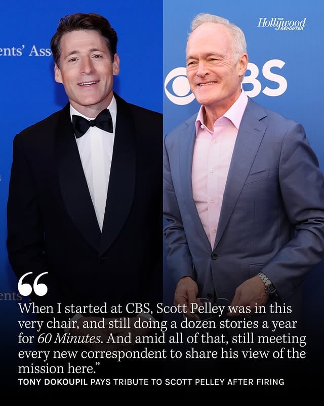 #TonyDokoupil shared some heartfelt words on CBS Evening News about his former colleague #ScottPelley after the veteran journalist was fired on Tuesday.⁠⁠During Wednesday's show, Dokoupil — who was appointed anchor of the evening newscast by CBS News editor-in-chief Bari Weiss at the start of her tenure last year — took a moment to praise Pelley's career.⁠⁠Read more at the link in bio.