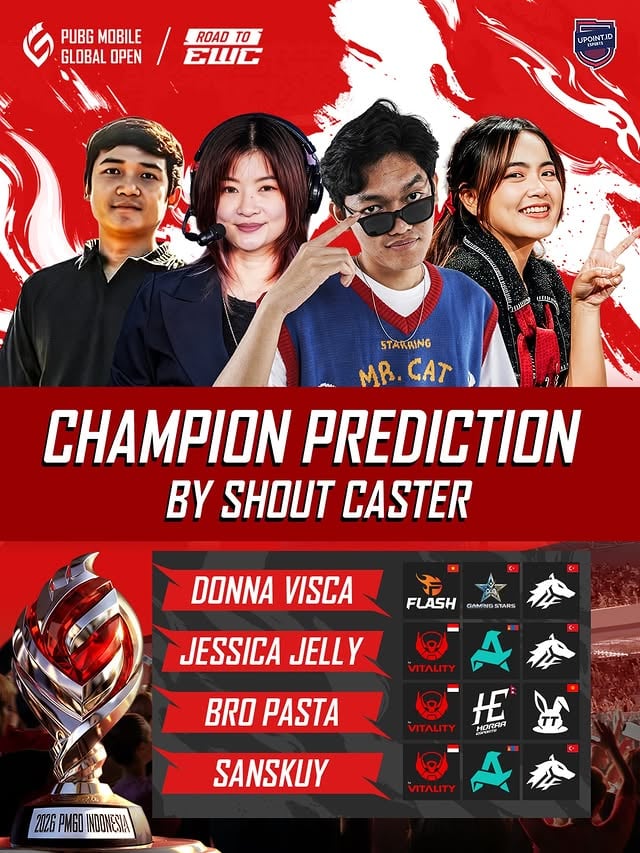Para Caster kece kita sudah kasih prediksi mereka, sekarang giliran kalian! Ada yang sama ni, tapi Apakah pilihan mereka bakal jadi kenyataan, atau justru ada tim lain yang siap bikin kejutan di PMGO 2026 Season 1? 🔥Drop prediksi juara versi kalian di kolom komentar sob!#PMGO2026 #PUBGMOBILE #RoadToEWC #upointesports by @donnavisca