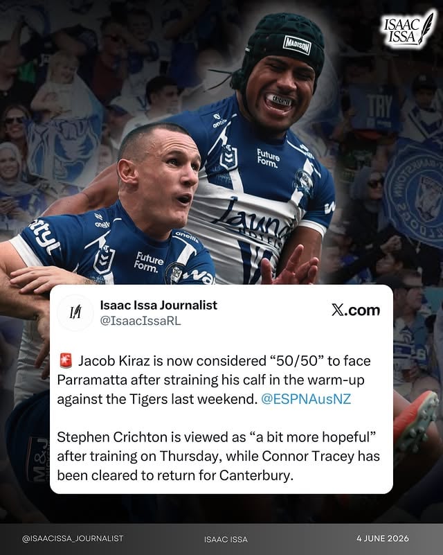 INJURY UPDATE 🚨 Jacob Kiraz is now considered “50/50” after straining his calf in the warm-up against the Tigers, while Stephen Crichton is tracking better after returning to training. Connor Tracey has also been cleared to return for Canterbury. 👀🐶Who would be the biggest in? 🤔Latest Round 14 Mail via @espnausnz - link in bio!#NRL #CanterburyBulldogs #Bulldogs #NRLNews #JacobKiraz StephenCrichton ConnorTracey by @espnausnz