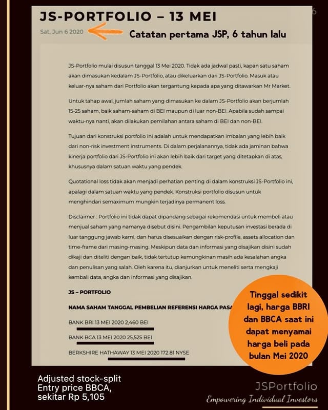 Pengalaman semakin dapat meyakinkan saya, bahwa saya tidak pernah bisa tahu tentang apa yang bakal terjadi di pasar. Jika ada orang yang berkata Juni tahun 2020 itu, bahwa 6 tahun kemudian, harga BBCA dan BBRI tidak bakal kemana-kemana, dan di Juni 2026 ini akan sama dengan harga pada bulan Juni 2020, mungkin saya akan minta dia untuk datang ke dokter dan diperiksa jiwa-nya. 1-2 tahun setelah Juni 2020 itu mungkin saya akan semakin sering menyuruhnya datang ke dokter - dan menunjukkan apa yang terjadi dengan harga kedua bank itu. Keduanya menjadi bagger - dan saya akan suruh dia juga untuk menghitung dividend yang diterima (ATH BBRI, 6,350 dan BBCA, 10,775). 2 bank itu, dengan Berkshire yang dibeli di $ 172.81, menjadi 3 emiten pertama di JSP. Lain dengan BBCA dan BBRI yang sedang mencoba untuk dapat kembali ke harga 6 tahun lalu, harga BRK Class B sekarang ini, $ 471.5.Rumah BRK, tidak sedang terbakar, lain dengan rumah tempat BBCA dan BBRI listing.Jika melihat bisnis kedua bank itu di tahun 2020 dan 2026 ini, harga mereka menjadi ganjil jika kembali ke harga 6 tahun lalu.Itu sebabnya, meskipun saya semakin tidak tahu apa yang akan terjadi di pasar, saya semakin tahu tentang apa yang seharusnya dilakukan investor di pasar.Posting 6 tahun lalu itu masih lebih simple dari saat ini😊Have a great investing. by @joeliardisunendar