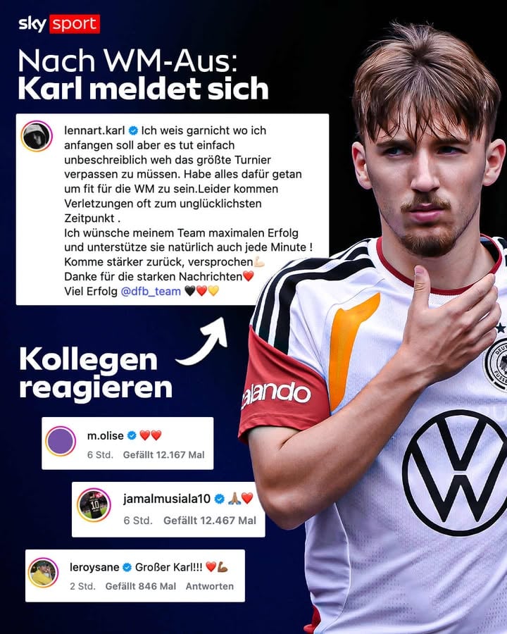 Auch wir wünschen schnelle Genesung @lennart.karl 🤕🙏

#SkySport #DFBTeam #Karl #Nationalmannschaft #WM2026