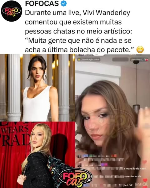 Durante uma live, Vivi Wanderley comentou que existem muitas pessoas chatas no meio artístico e criticou quem “não é nada e se acha a última bolacha do pacote”. A influenciadora também falou que conheceu muitas pessoas legais no meio, citando nomes como Virgínia Fonseca, Neymar, Maisa, Bruna Marquezine e Sasha Meneghel. O QUE ACHAM?! 😬📸

Sigam @fofocas para mais 💣 
(Reprodução: @subcelebrities)