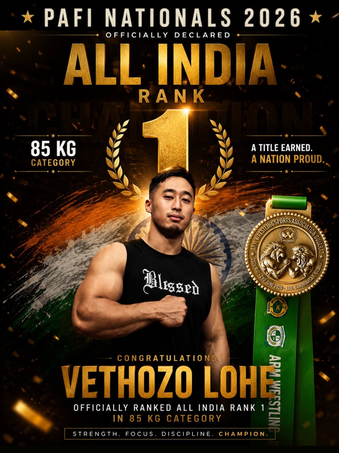 ALL INDIA 85 KG  RANK 1 🇮🇳🥇

A result of years of sacrifice, discipline, setbacks, and relentless work.

The journey is far from over, but this milestone will always remind me that consistency beats everything.

Grateful to everyone who supported me along the way. Time to keep working and aim even higher.

#PAFINationals2026 #AllIndiaRank1 #ArmWrestling #ChampionMindset #RoadToGreatness India