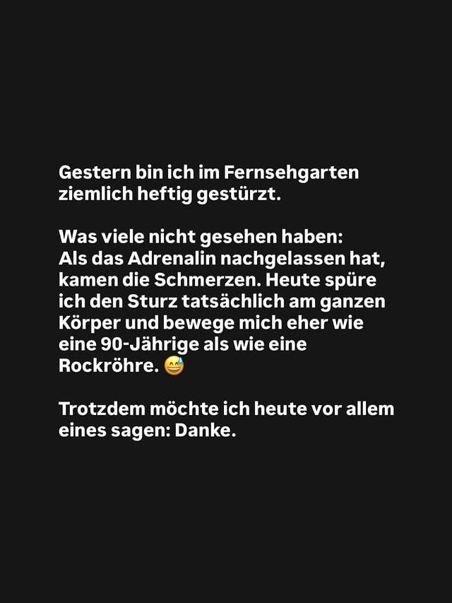 Manchmal sagt ein Sturz mehr über Menschen aus als tausend Worte.Über die blauen Flecken komme ich hinweg.Über manche Kommentare wahrscheinlich auch.Was bleibt, ist die Dankbarkeit für all' die Menschen, die zuerst gefragt haben, ob es mir gut geht. ❤️Danke für euren Rückhalt. ♾️🙏🏾#fernsehgarten #marinamarx by @marinamarx_official