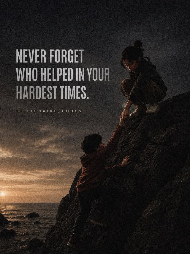 Never forget who helped you when you had nothing.Not when you were successful.Not when people started noticing you.Not when your life became easier.Remember the ones who stood beside you when the world seemed against you.The people who believed in you before there was proof.The people who encouraged you when self-doubt was louder than confidence.The people who reached out when everyone else disappeared.Hard times have a strange way of revealing true character.Not just yours.Theirs.Anyone can celebrate with you when you’re winning.Anyone can stand next to you when the spotlight is shining.But very few people are willing to walk with you through darkness.Very few people are willing to help carry your burden when they gain nothing in return.Those people are priceless.Success has a way of making people forget.Forget the struggles.Forget the sacrifices.Forget the hands that pulled them up when they were falling.Don’t be that person.Never become so successful that you lose your gratitude.Because no one climbs every mountain alone.Behind every strong person is someone who offered strength when they needed it most.A kind word.A helping hand.A second chance.A moment of support that changed everything.As you grow, remember to honor those people.Respect them.Appreciate them.And when life gives you the opportunity, become that person for someone else.Be the hand that reaches down.Be the voice that encourages.Be the reason someone keeps going when they’re ready to quit.Because kindness has a ripple effect.The support you received yesterday can become the support you give tomorrow.And that’s how legacies are built.Not just through success.But through gratitude.Never forget who helped you in your hardest times.Those are the people who deserve a place in your heart long after the struggle is over.Follow @Billionaire_Codes for daily lessons on gratitude, loyalty, mindset, and personal growth. by @billionaire_codes