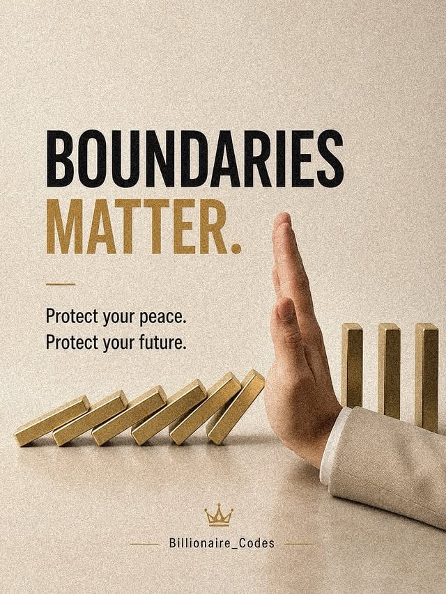 BOUNDARIES MATTER. 👑Not everyone deserves unlimited access to your time, energy, and attention.The quality of your life depends on what you allow and what you refuse to tolerate.Many people see boundaries as selfish, but they’re actually a form of self-respect. Without boundaries, your focus gets distracted, your energy gets drained, and your goals get pushed further away.A boundary is not a wall that keeps people out.It’s a filter that helps the right people stay and the wrong people leave.And when you finally start protecting your peace, don’t be surprised if some people complain. The people who benefited from your lack of boundaries are often the first to dislike your new ones.Remember:Every time you say “yes” to something that drains you, you’re saying “no” to something that could help you grow.Strong boundaries protect your:✓ Time✓ Focus✓ Energy✓ Mental Health✓ GoalsSuccess requires focus, and focus requires boundaries.You don’t need permission to prioritize yourself. Taking care of yourself isn’t selfish—it’s necessary.Protect your peace.Protect your energy.Protect your future.Because the life you want depends on the boundaries you keep today. 👑Follow @Billionaire_Codes for daily mindset and success content.#BoundariesMatter #SelfGrowth #MindsetMatters #SuccessMindset #Billionaire_Codes by @billionaire_codes