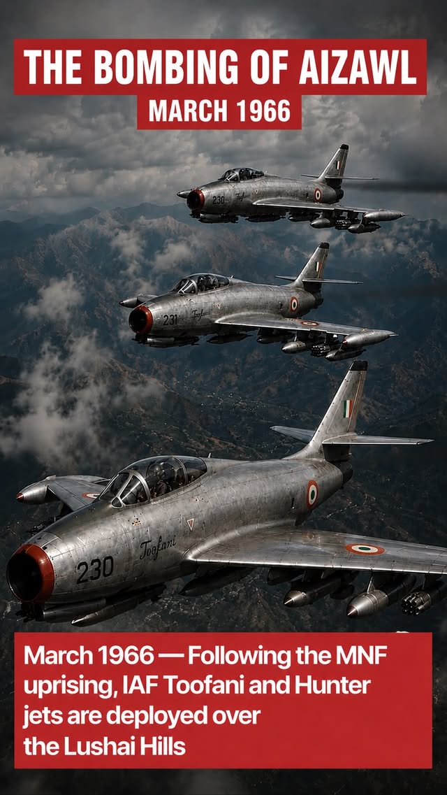 During the MNF uprising of March 1966, the Lushai Hills(Mizoram) witnessed one of the most significant events in Mizoram’s history.⛰️As MNF fighters launched coordinated attacks across the region, the Government of India responded with military operations to regain control. ⚔️The Indian Air Force was deployed in support of these operations, marking one of the rare occasions in independent India when fighter aircraft were used over its own territory against areas inhabited by its own citizens.✈️Dassault Ouragan (Toofani) fighter-bombers of No. 29 Squadron and Hawker Hunter fighter aircraft participated in missions over the Lushai Hills. 🛩️The Toofani was armed with bombs, rockets, and four 20 mm cannons, while the Hunter provided fighter support, reconnaissance, and ground-attack capability. 🎯In March 1966, Aizawl came under air attack, causing civilian deaths, injuries, and displacement. The event remained largely undisclosed for years, becoming one of the most overlooked chapters in Mizoram’s history. 🌫️Following the first attacks, aircraft carried out additional sorties over Aizawl and the surrounding hills as military operations continued across the region💥Government forces eventually regained control of major towns and installations, but the insurgency continued for many years. 🚩The conflict finally came to an end with the signing of the Mizoram Peace Accord on 30 June 1986 between the Government of India and the MNF. 🤝On 20 February 1987, Mizoram became the 23rd state of India. 🏛️The 1966 Bombing of Aizawl remains one of the most overlooked chapters in Mizoram’s history. Remembering it is about acknowledging the past, honoring those affected, and ensuring it is never forgotten. 🌹Today, the events of March 1966 remain one of the most remembered and debated chapters in Mizoram’s history, remembered by generations of Mizo people. 🕊️#mizohistory #mizoram #zohistory #northeastindia #zopeople by @being_chikim