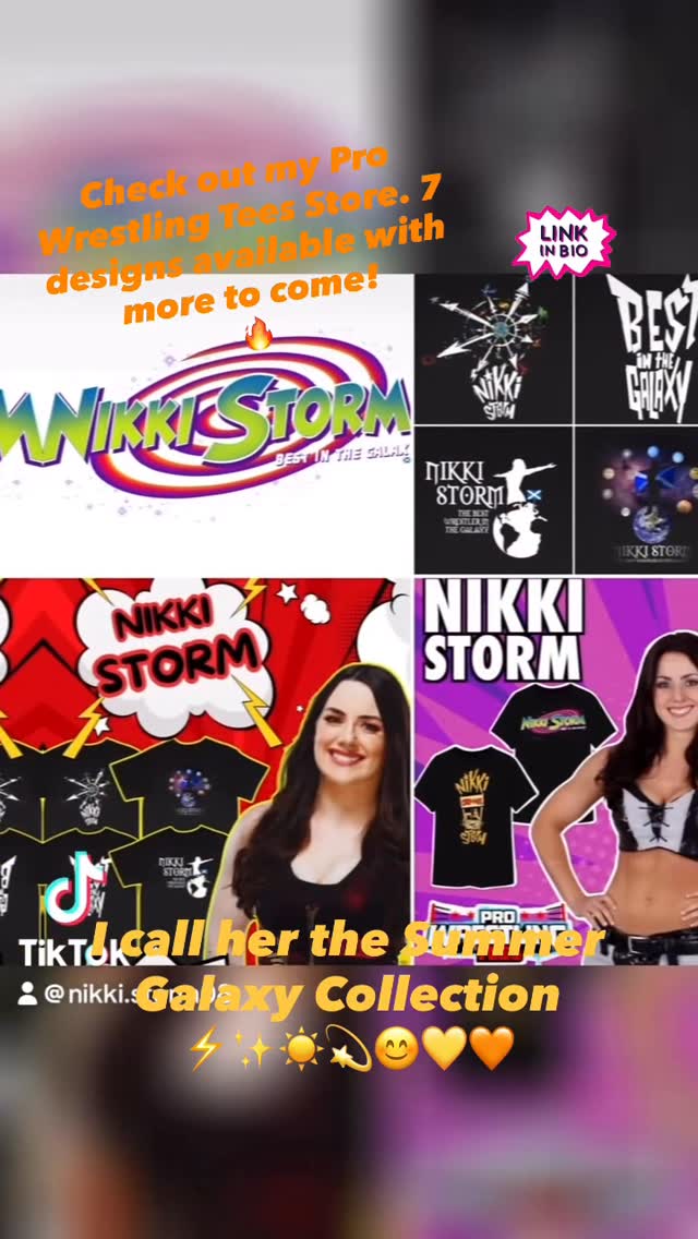 I call her….The Summer Galaxy Collection ✨⚡️💫☀️Available now on @prowrestlingtees 💛 Big thank you to @AvocadoMolotov Art @Carol Fournier 🎤🎶🐶🇨🇦 @JTM 🧡 for designs and graphics.#BestintheGalaxy #largerthanlife #NikkiStorm #linkinbio #SummerofNikki by @nikki.storm08