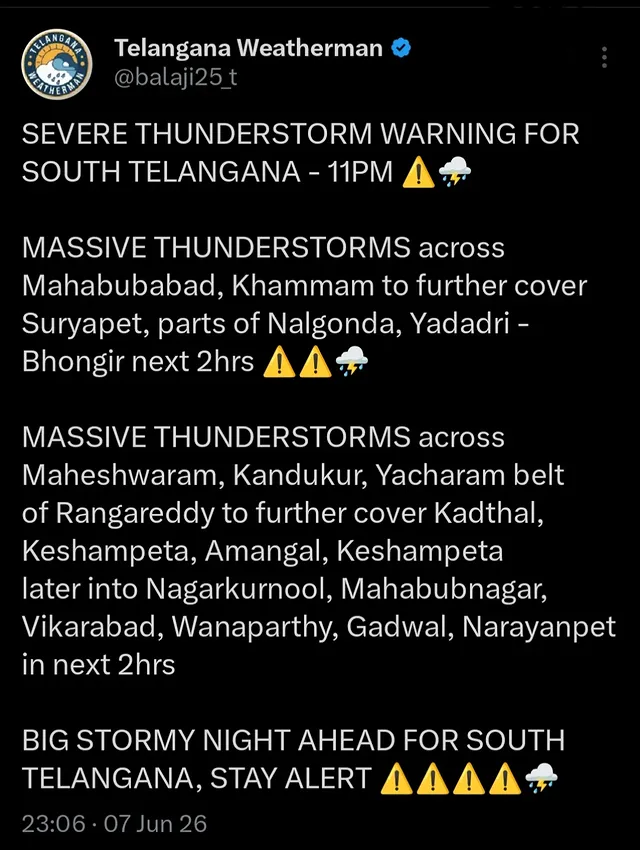 SEVERE THUNDERSTORM WARNING ⚠️ ⚠️ ⚠️ ......FOLLOW 👉:- @telangana_weatherman_.....#hyderabad #hyderabadweather #hyderabadrains #telanganaweatherman #telanganarains by @telangana_weatherman_
