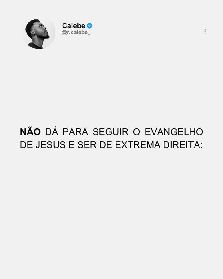 Referências bibliográficas:

O Que Jesus Disse? O Que Jesus Não Disse? — Bart D. Ehrman.

Jesus e os Marginalizados — estudos sobre o contexto social do ministério de Jesus.

A Teologia da Libertação.

John Dominic Crossan — pesquisas sobre Jesus histórico e justiça social.

Bíblia: Mateus 5–7; Mateus 19; Lucas 4:18-19; Lucas 10; Lucas 14; João 13.

Siga: @r.calebe_