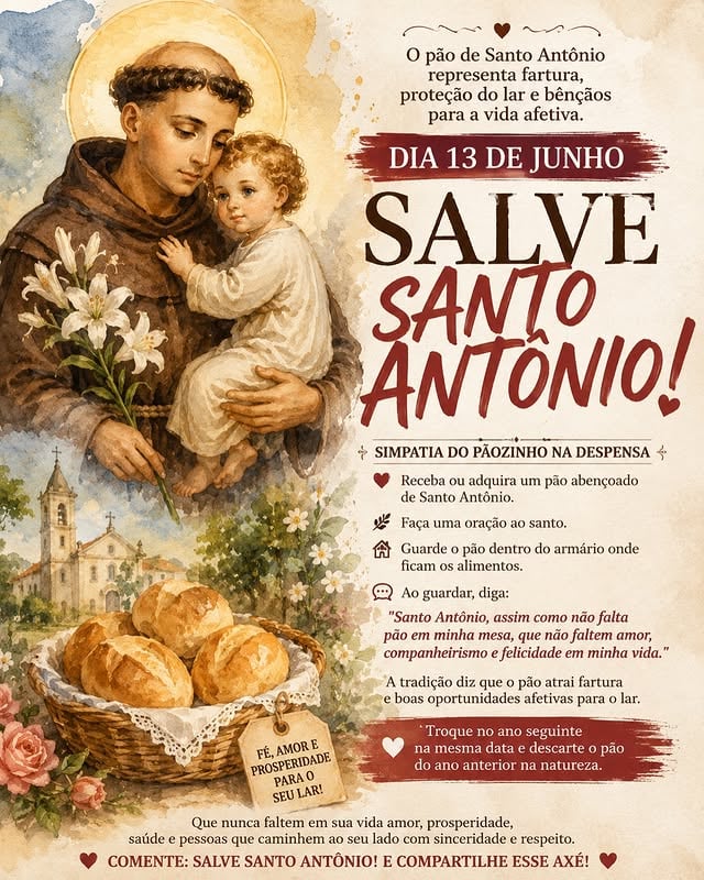 🍞❤️ Antes de continuar, comente: SALVE SANTO ANTÔNIO! 🙏✨Você sabia que o pão de Santo Antônio é um dos símbolos mais antigos ligados ao santo casamenteiro?Muito além dos pedidos de amor, o pãozinho representa fartura, proteção para o lar e bênçãos para a vida afetiva. Por isso, até hoje muitas igrejas distribuem o pão abençoado no dia 13 de junho para que os fiéis o guardem em suas casas.🍞🌹 Simpatia do Pãozinho na Despensa para Atrair Amor e ProsperidadeNo dia 13 de junho, receba ou adquira um pão abençoado de Santo Antônio.Com fé e gratidão:✨ Faça uma oração ao santo.✨ Guarde o pão dentro do armário ou da despensa onde ficam os alimentos.✨ Ao guardar, diga:“Santo Antônio, assim como não falta pão em minha mesa, que não faltem amor, companheirismo e felicidade em minha vida.”Segundo a tradição popular, o pão atrai fartura para o lar, fortalece as energias de prosperidade e favorece a chegada de boas oportunidades afetivas.📅 O pão deve permanecer guardado durante um ano.Quando chegar o próximo dia 13 de junho, substitua-o por um novo pão abençoado e devolva o pão antigo à natureza, em um jardim ou local com vegetação, agradecendo pelas graças recebidas.❤️ Mais do que uma simpatia, este é um gesto de fé, esperança e conexão com as bênçãos de Santo Antônio.Que nunca faltem em sua vida amor, prosperidade, saúde e pessoas que caminhem ao seu lado com sinceridade e respeito.🙏 Comente: SALVE SANTO ANTÔNIO!📲 Compartilhe este axé com alguém que deseja atrair mais amor, prosperidade e felicidade para a vida #santoantonio #13junho #simpatia #paodesantoantonio #raízesespirituais by @raizes_espirituais