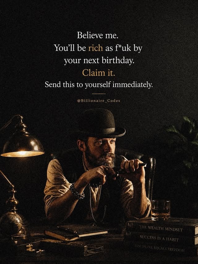 Read this carefully.The life you’re dreaming about is not impossible.The financial freedom.The luxury lifestyle.The business.The opportunities.The peace of knowing that money is no longer a problem.Someone is living that reality right now.The only difference between where you are and where you want to be is the person you become along the way.Wealth is not built overnight.It is built through discipline when nobody is watching.Through learning when others are entertaining themselves.Through taking risks when others are making excuses.Through consistency when motivation disappears.Most people want millionaire results with average habits.But success doesn’t reward wishes.It rewards action.The next 12 months can completely transform your life if you decide today that excuses are no longer an option.Imagine waking up one year from now.Your mindset is stronger.Your income is higher.Your confidence is unshakable.Your goals are becoming reality.That future version of you is created by the choices you make today.Stop waiting for the perfect moment.Stop waiting for permission.Stop waiting for luck.Start building.Start learning.Start investing in yourself.Every wealthy person was once unknown.Every successful entrepreneur was once a beginner.Every empire started with a single decision.Maybe your next birthday won’t just be another celebration.Maybe it will be proof that you refused to quit when everyone else did.Believe in your vision.Trust your process.Stay obsessed with your goals.Your future is watching.Make it proud. 🚀#BillionaireCodes #WealthMindset #SuccessMindset #FinancialFreedom #Motivation by @billionaire_codes