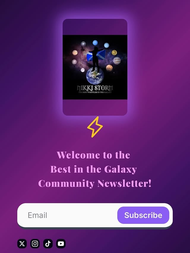 She is here 🚨 🔔‼️🔔🚨The Best in the Galaxy Community Newsletter is here ! nikkistormbestinthegalaxy.beehiiv.com (link in bio)Being the editor of my senior high school yearbook came in handy 😂Proud of this ❤️Make sure you are subscribed, then you will receive a welcome email with the link to the newsletter 🔥 Please let me know what you love (or don’t 😝) or want to see more of in comments below. In my first newsletter I talk about: What to expect for future editions 💫✨⚡️My PhD journey so far 📕 @DamoMackle and I acquiring @progresswrestling 🌎❤️Upcoming dates for the end of July ☀️ 😎 My favourite books at the moment 📚 Training at the @fswrestlingfl and with @0221giulia @sumiesakai 🥊 @rudos_bjj Preparing for the Independent return of Nikki Storm, The Best in the Galaxy 🌌🪐💥Subscribe now : nikkistormbestinthegalaxy.beehiiv.comLink in BioHuge thank you to @carolitosdigitalart @jessethemark @avocadomolotov for the art included in the newsletter 🌌💫Love you all 💜💥🔥⚡️💫✨ by @nikki.storm08