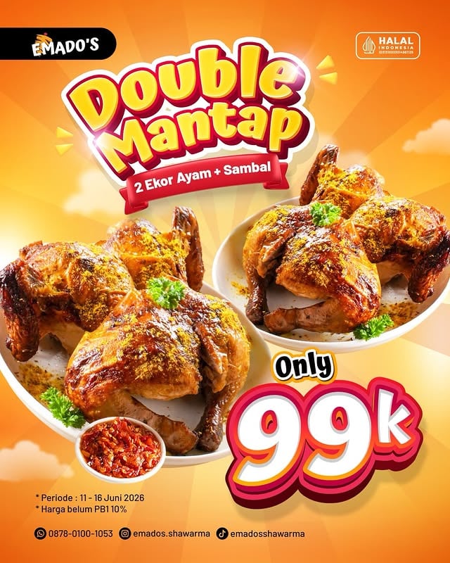 Harga ayam lagi naik, Emado’s malah kasih 2 Ekor Ayam + Sambal cuma 99K! 😱🔥Buat yang lagi cari makan ramean, stok protein mingguan, atau sekadar pengen puas makan ayam panggang favorit, ini waktunya borong!*Promo terbatas 11-16 Juni 2026 aja.*Harga belum termasuk PB1 10%*2 Ekor ayam masing2 dipotong 4 + 1 sambal uk kecil📍Dine in, takeaway, atau pesan sekarangWA Hotline0878-0100-1053..#Emados #AyamPanggangEmados #PromoEmados #DoubleMantap #MakanBareng by @emados.shawarma