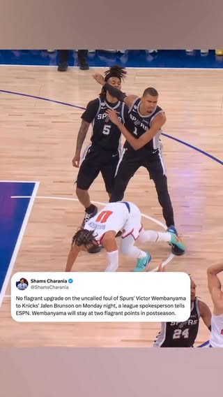 There will be no flagrant upgrade on the uncalled foul of Spurs’ Victor Wembanyama to Knicks’ Jalen Brunson on Monday night, a league spokesperson told @shams. Wembanyama will stay at two flagrant points for the postseason. 

#NBAFinals
