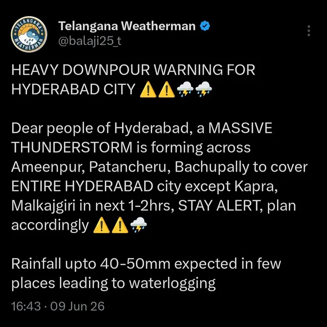 HEAVY DOWNPOUR WARNING ⚠️⚠️⛈️......FOLLOW 👉:- @telangana_weatherman_.....#hyderabad #hyderabadweather #hyderabadrains #telanganaweatherman #telanganarains by @telangana_weatherman_