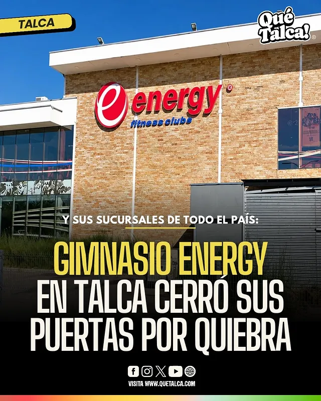 🏋️🚫| La cadena de gimnasios Energy Club confirmó oficialmente que presentó una solicitud de liquidación, decretando el cierre definitivo de sus operaciones en el país 😵. Y eso incluyó también el gimnasio Energy en #Talca, ubicado en Avenida Colín con calle 26 Sur 📍.

🔍 La determinación corporativa se dio a conocer el pasado viernes, luego de que múltiples sucursales de la empresa amanecieran con sus accesos completamente cerrados.

🤬 La situación ha generado confusión entre los socios del gimnasio, quienes se encontraron con los recintos sin atención al público y con sus luces apagadas. A través de redes sociales, los clientes de la compañía manifestaron su sorpresa y molestia, debido a que la empresa no ha anunciado compensaciones económicas para quienes ya habían pagado planes anuales.

¿Qué tal? ⁉️
🌐 Visita nuestra web www.quetalca.com
#QuéTalca ®️